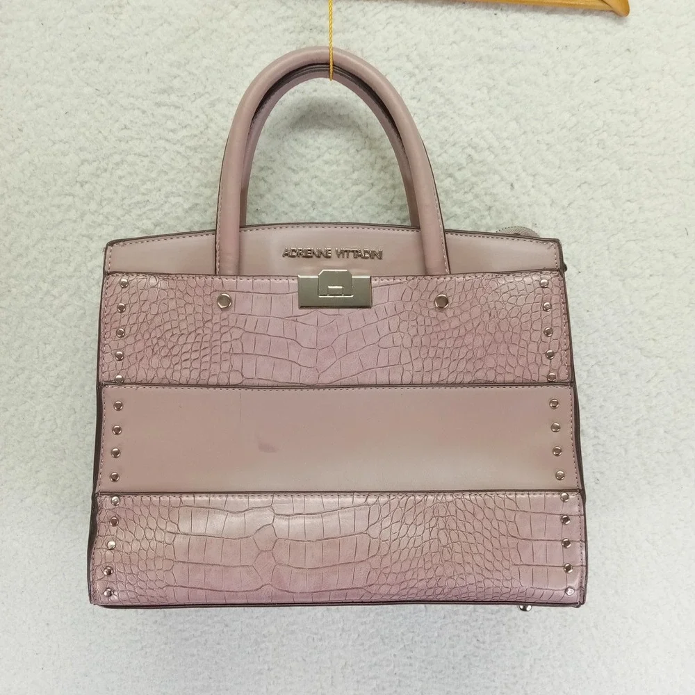 Adrienne Vittadini Pink‎ Croc Embossed Studded Satchel Handbag Crossbody Bag